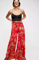 Calça feminina casual solta com estampa digital, calça de praia larga com alça