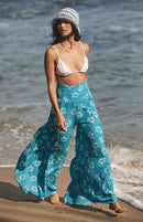 Calça feminina casual solta com estampa digital, calça de praia larga com alça