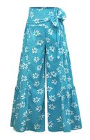 Calça feminina casual solta com estampa digital, calça de praia larga com alça