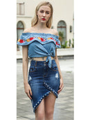 Saia feminina jeans midi com pérolas irregulares