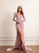 Vestido maxi manga longa de veludo feminino com decote coração