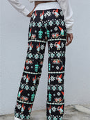 Calça feminina com estampa de Natal solta e amarrada