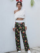 Calça feminina com estampa de Natal solta e amarrada