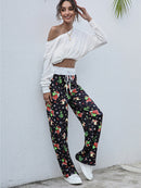 Calça feminina com estampa de Natal solta e amarrada
