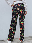 Calça feminina com estampa de Natal solta e amarrada