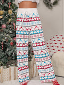 Calça feminina com estampa de Natal solta e amarrada