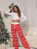 Calça feminina com estampa de Natal solta e amarrada