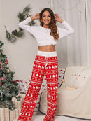 Calça feminina com estampa de Natal solta e amarrada