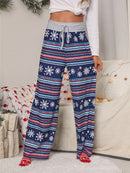 Calça feminina com estampa de Natal solta e amarrada