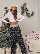 Calça feminina com estampa de Natal solta e amarrada