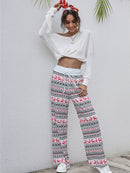 Calça feminina com estampa de Natal solta e amarrada