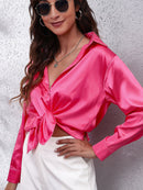 Camisa Seding feminina cetim seda como camisa de manga comprida