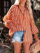 Camisa de gola fina listra média longa casual camisa de manga comprida