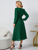 Vestido feminino manga longa plissado com decote em V estilo envoltório sintético com cinto na cintura