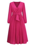 Vestido feminino manga longa plissado com decote em V estilo envoltório sintético com cinto na cintura