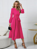 Vestido feminino manga longa plissado com decote em V estilo envoltório sintético com cinto na cintura