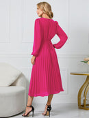 Vestido feminino manga longa plissado com decote em V estilo envoltório sintético com cinto na cintura
