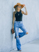 Calça jeans feminina estilo americano bootcut cintura alta emagrecedora rasgada