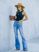 Calça jeans feminina estilo americano bootcut cintura alta emagrecedora rasgada
