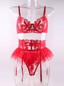 Saia pequena sutiã bordado cinta-liga de três peças roupa interior sexy