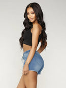 Shorts jeans rasgados com cordão feminino