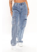 Jeans cargo descontraído feminino