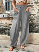 Calças femininas de cor sólida bolso calças casuais femininas calças elásticas