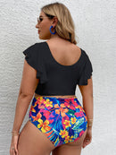 Conjunto de biquíni feminino plus size Falbala com decote em V