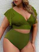 Conjunto de biquíni feminino plus size Falbala com decote em V