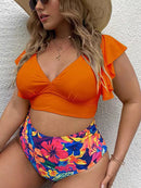 Conjunto de biquíni feminino plus size Falbala com decote em V