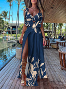 Vestido feminino sem mangas com decote em V estampado com fenda na bainha (roupa íntima excluída)