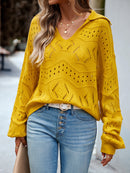 Top feminino de malha com gola POLO e manga comprida