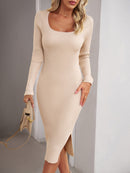 Novo vestido feminino de lã com gola quadrada elegante pacote quadril saia longa