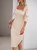 Novo vestido feminino de lã com gola quadrada elegante pacote quadril saia longa