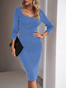 Novo vestido feminino de lã com gola quadrada elegante pacote quadril saia longa
