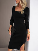 Novo vestido feminino de lã com gola quadrada elegante pacote quadril saia longa