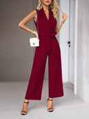 Novo macacão feminino elegante com decote em V e sem mangas