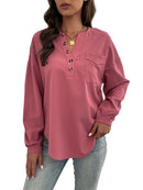 Nova camisa feminina casual de manga comprida de cor sólida