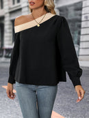 Nova camisa feminina color block com ombros cruzados