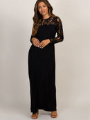 Vestido feminino maxi para gestante com decote adornado em renda e mangas compridas