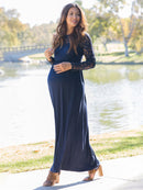 Vestido feminino maxi para gestante com decote adornado em renda e mangas compridas