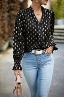 Blusa feminina de manga comprida com bolinhas bronzeadas com decote em V