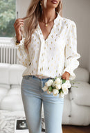 Blusa feminina de manga comprida com bolinhas bronzeadas com decote em V